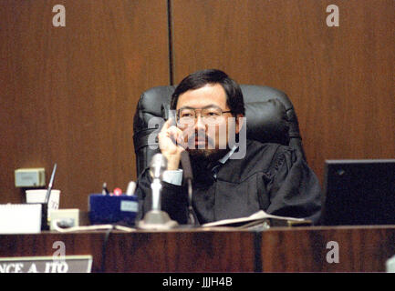 Superior Court Judge Lance Ito presides during the trial of former NFL star running back O.J. Simpson for the murder of his former wife, Nicole Brown Simpson and a friend of hers, restaurant waiter, Ron Goldman in Los Angeles County Superior Court in Los Angeles, California on July 13, 1995. Credit: Steve Grayson / Pool via CNP /MediaPunch Stock Photo