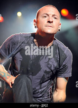 July 20, 2017 - FILE PHOTO: The lead singer of the rock band Linkin Park, CHESTER BENNINGTON, was found dead Thursday according to a spokesman for the LA County Coroner. He was 41. The coroner's office was called out to a home in Palos Verdes Estates shortly after 9 a.m. Thursday. Authorities said they were treating the case as a possible suicide. Pictured: Jul 25, 2008 - Raleigh, North Carolina, USA - Singer Chester Bennington of the band LINKIN PARK performs live as the 2008 Projekt Revolution Tour makes a stop at the Time Warner Cable Music Pavilion located in North Carolina. (Credit Image Stock Photo
