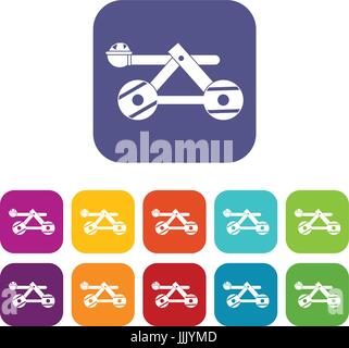Ancient wooden catapult icons set Stock Vector
