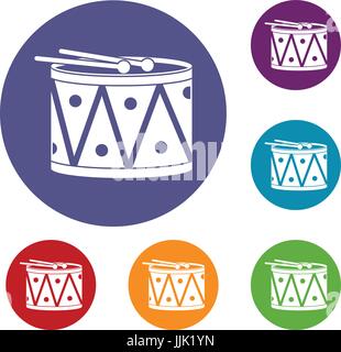 Drum and drumsticks icons set Stock Vector