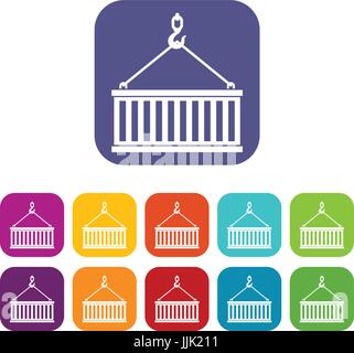 Crane hook lifts container icons set Stock Vector