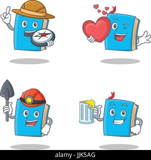 Set of blue book character with explorer heart miner juice Stock Vector