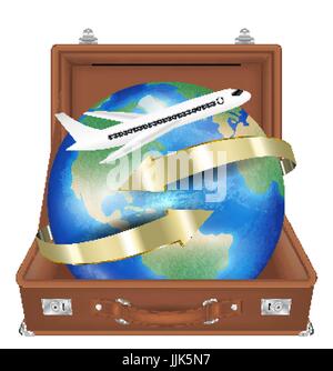 suitcase open with airplane fly around the world Stock Vector