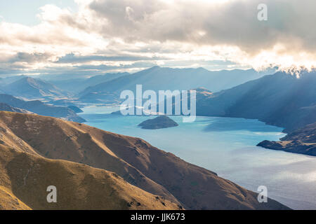 Lake Wanaka and mountain panorama, view from the Isthmus Peak Track, Otago, South Island, New Zealand, Oceania