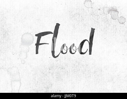 The word Flood concept and theme painted in black ink on a watercolor wash background. Stock Photo