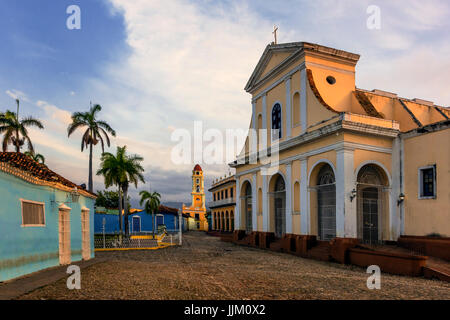 The IGLESIA PARROQUIAL DE LA SANTISIMA TRINIDAD is located on PLAZA MAYOR - TRINIDAD, CUBA Stock Photo
