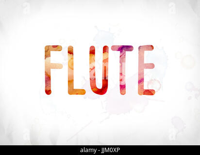 The word Flute concept and theme painted in colorful watercolors on a white paper background. Stock Photo