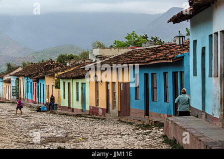 The cobble stone streets and colorful houses of TRINIDAD, CUBA Stock Photo