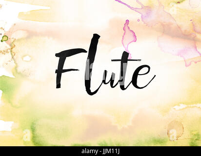 The word Flute concept and theme written in black ink on a colorful painted watercolor background. Stock Photo