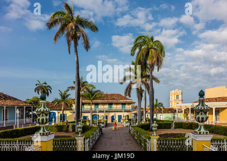 The PLAZA MAYOR is surrounded by historical buildings in the heart of the town - TRINIDAD, CUBA Stock Photo