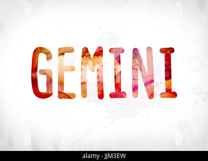 The word Gemini concept and theme painted in colorful watercolors on a white paper background. Stock Photo