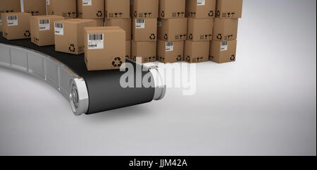 Composite 3d image of stack of cardboard boxes by conveyor belt Stock Photo