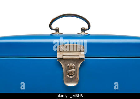 Old and heavy vintage blue metal chest in close-up isolated on white. Clipping path Stock Photo