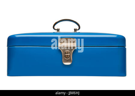 Old and heavy vintage blue metal chest isolated on white. Clipping Path Stock Photo