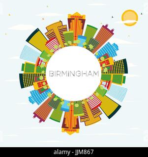 Birmingham Skyline with Color Buildings, Blue Sky and Copy Space. Vector Illustration. Business Travel and Tourism Concept. Image for Presentation Stock Vector