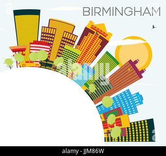 Birmingham Skyline with Color Buildings, Blue Sky and Copy Space. Vector Illustration. Business Travel and Tourism Concept. Stock Vector