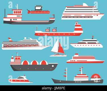 Ships Set. Oil Tanker, Yacht, Bulk Carrier, Gas Tanker and Passenger Cruise Ship. Vector Illustration. Stock Vector