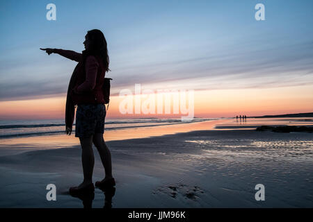 pointing,at,two,dolphins,in,nearby,water,waters,sunset,Tywyn,beach,Cardigan Bay,south,Gwynedd,Mid Wales,Wales,Welsh,U.K.,UK,GB,Europe, Stock Photo