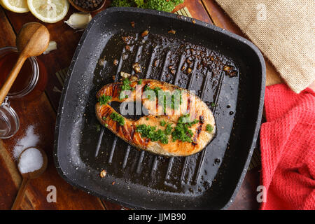 Pan grilled salmon steak Stock Photo