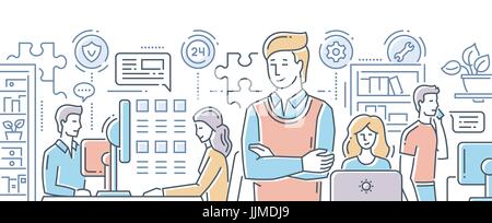 Our team - line flat design banner with office workers. Stock Vector