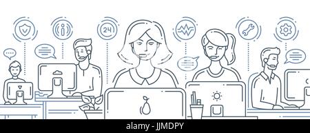 Call center support - line design header, banner for your website Stock Vector