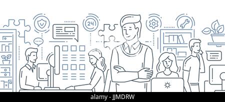 Our team - line flat design banner with office workers. Stock Vector