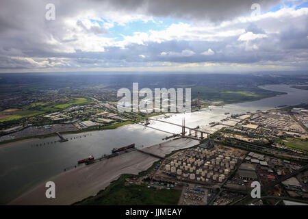 An aerial view showing the QE2 Bridge over the River Thames at Thurrock illuminated by sunlight Stock Photo