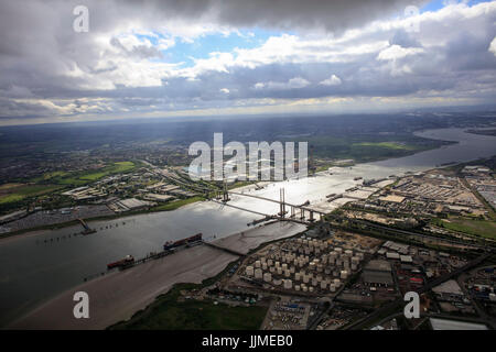 An aerial view showing the QE2 Bridge over the River Thames at Thurrock illuminated by sunlight Stock Photo