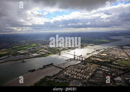 An aerial view showing the QE2 Bridge over the River Thames at Thurrock illuminated by sunlight Stock Photo