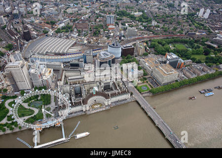 An aerial view of the South Bank in London including the London Eye and Waterloo Station