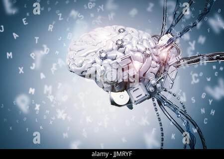 3d rendering robot brain learning on blue background Stock Photo