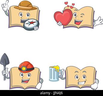 Set of open book character with explorer heart miner juice Stock Vector