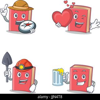 Set of red book character with explorer heart miner juice Stock Vector