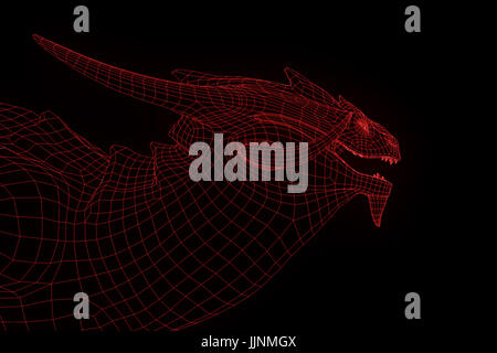Dragon in Hologram Wireframe Style. Nice 3D Rendering Stock Photo