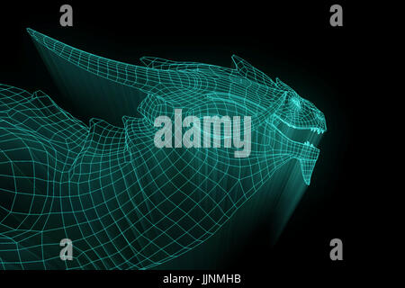 Dragon in Hologram Wireframe Style. Nice 3D Rendering Stock Photo