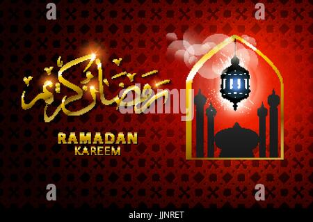 Ramadan Kareem greeting with beautiful illuminated arabic lamp and hand drawn calligraphy lettering on night cityscape background. Vector illustration Stock Vector