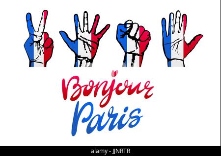 Bonjour Paris card. Hello Paris phrase in french. Ink illustration. Modern brush calligraphy. Isolated on white background. Hand drawn lettering desig Stock Vector