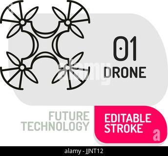 Flying drone icons. Thin line Icon of Future Technology. Vector illustration. Icon of the copter in the lines of Futur concept. Stock Vector