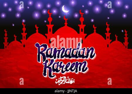 Ramadan Kareem greeting with beautiful illuminated arabic lamp and hand drawn calligraphy lettering on night cityscape background. Vector illustration Stock Vector
