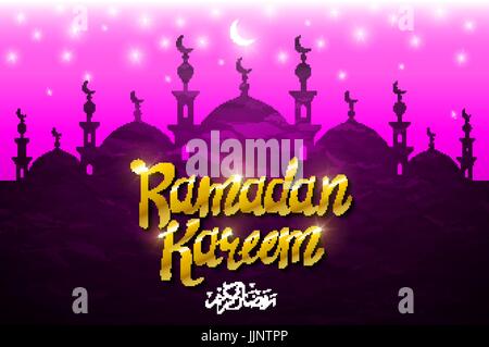 Glowing mosque, moon and star on a purple background. Ramadan Kareem. Vector illustration. art Stock Vector