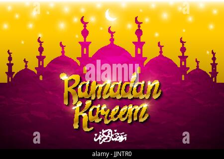 Glowing mosque, moon and star on a purple background. Ramadan Kareem. Vector illustration. art Stock Vector