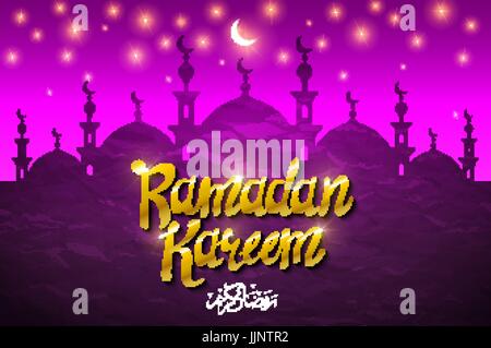 Glowing mosque, moon and star on a purple background. Ramadan Kareem. Vector illustration. art Stock Vector