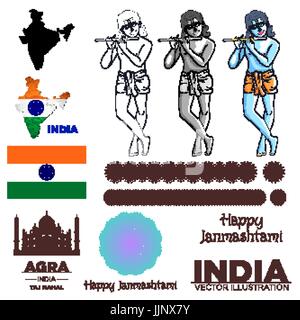 india flag Krishna taj mahal map mandala art vector Stock Vector
