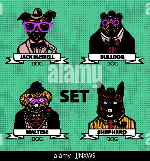 Hipster animals set dog, Large group of dog breeds, isolated vector art Stock Vector