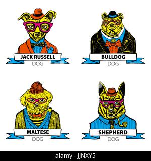 Hipster animals set dog, Large group of dog breeds, isolated vector art Stock Vector