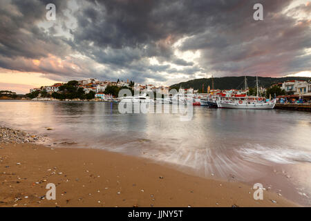 Evening view of the harbour on Skiathos island, Greece. Stock Photo