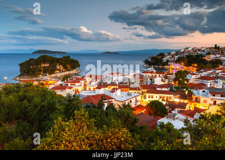 Evening view of Skiathos town and its harbor, Greece.