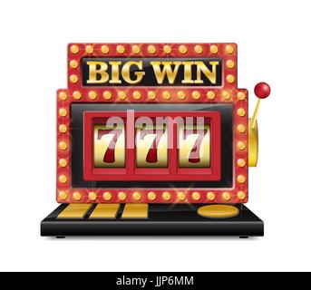 Slot machine for casino, lucky seven in gambling game isolated on white. Jackpot slot big win casino machine. Vector one arm bandit. Stock Vector