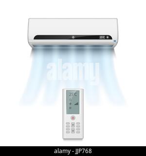 Realistic air conditioner isolated on white with cold air symbols. Modern air conditioner with remote control vector illustration Stock Vector
