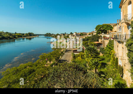 View north west along the River Lot bank at this large town with a historic bastide centre.  Villeneuve-sur-Lot; Lot-et-Garonne, France Stock Photo